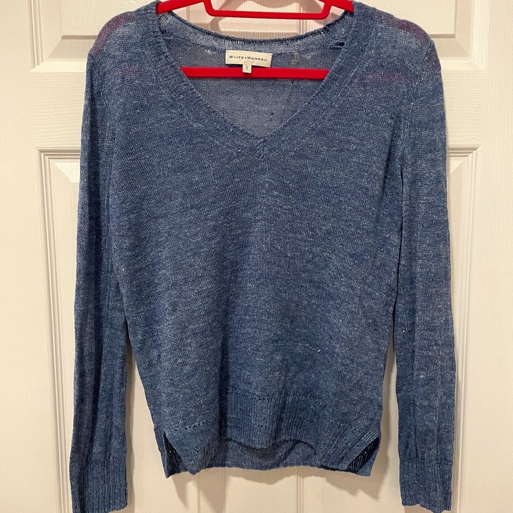 White + Warren Small Blue Linen long sleeve v-neck
